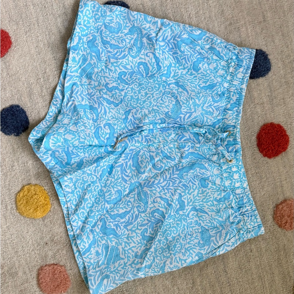 Lilly Pulitzer Light Blue and White Coral-Print Swim Shorts